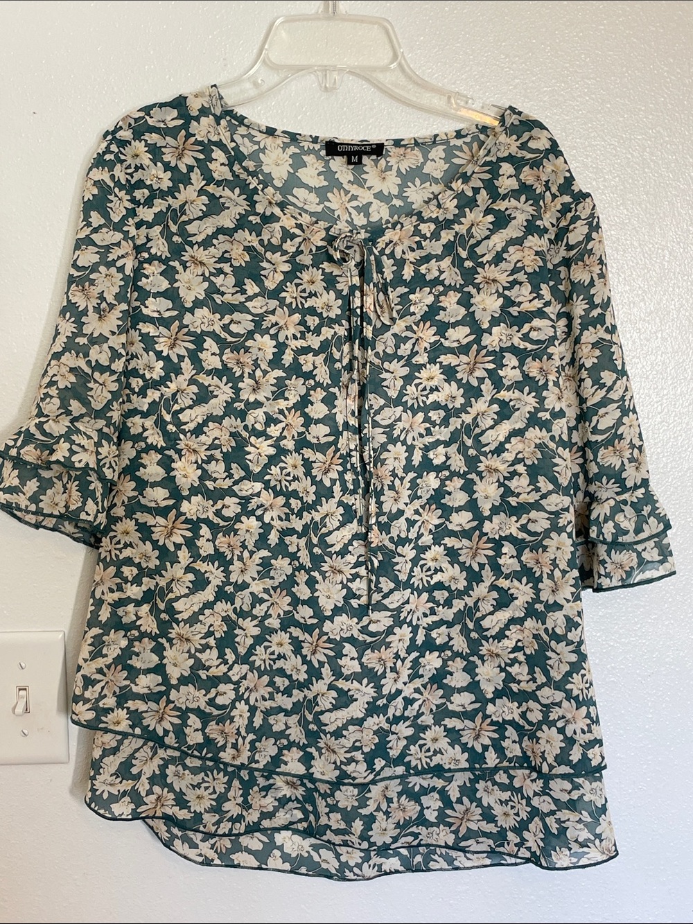Collective Concepts Teal Floral Tie-Neck Blouse